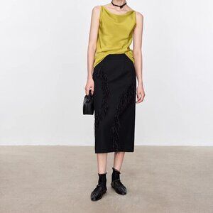 CHICJOC Ostrich Feather Beaded Wool Skirt size 40 in black